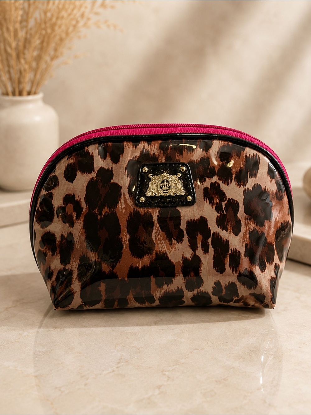 Juicy Couture Leopard Print Cosmetic Pouch with Magenta Trim